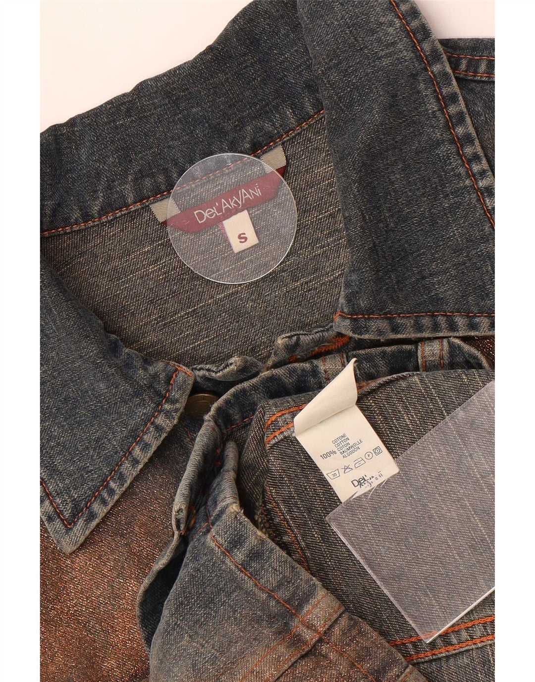 Jaqueta jeans feminina vintage Reino Unido 10 algodão colorblock azul pequeno