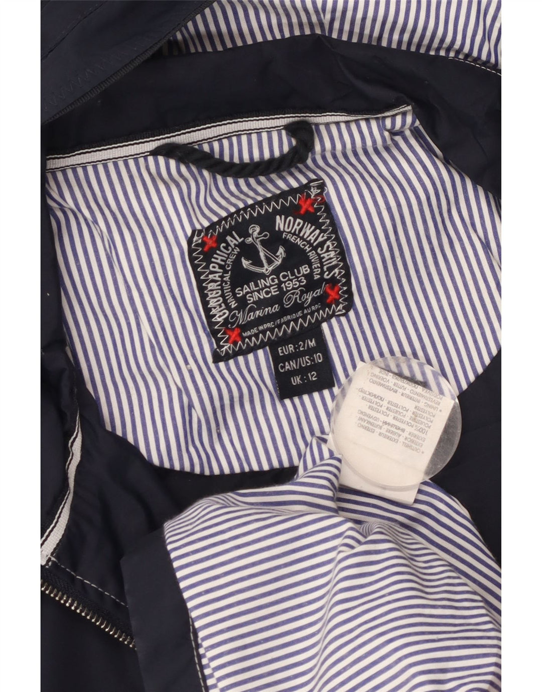 Jaqueta de chuva feminina vintage com capuz gráfico UK 12 poliéster azul marinho médio