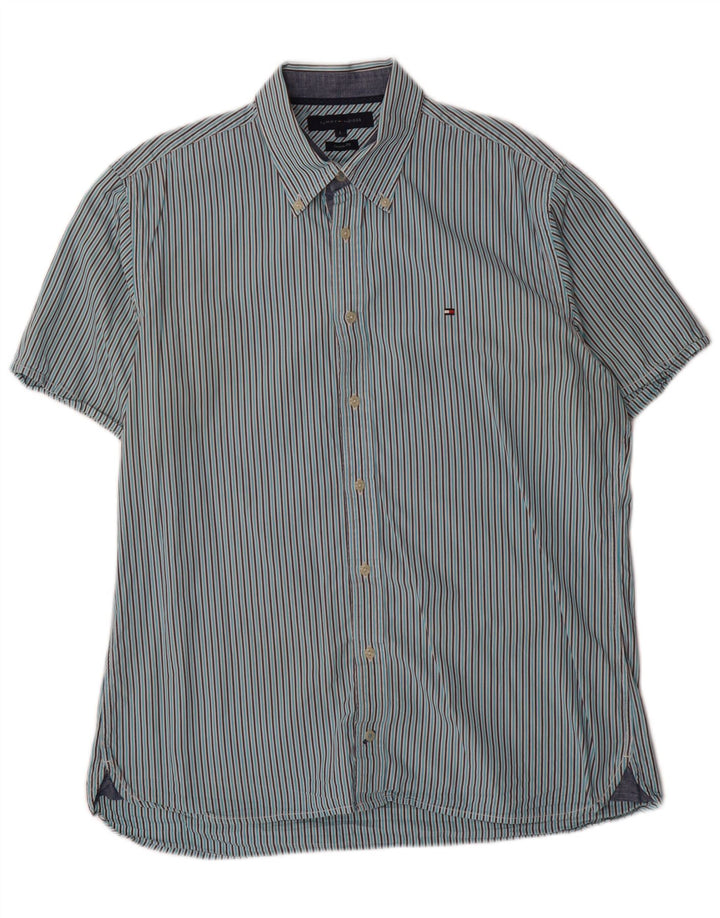 Camisa masculina TOMMY HILFIGER de manga curta com ajuste personalizado listrado azul grande