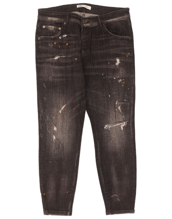 Zara Mens Jeans Slim Distressed EU 46 XL W36 L27 Preto Tie Dye Algodão