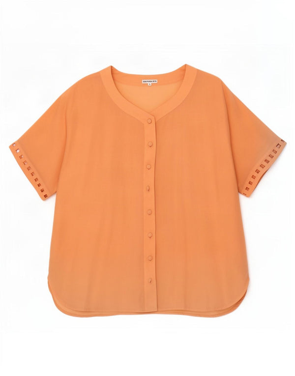 Blusa feminina vintage de manga curta Reino Unido 14 seda laranja grande