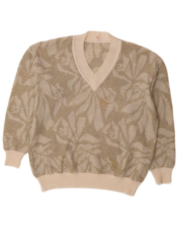 Suéter feminino vintage com decote em V Reino Unido 16 grande cáqui floral