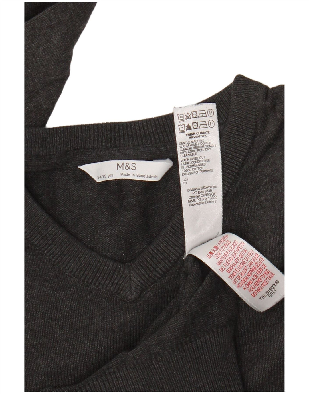 Suéter Marks & Spencer Boys com decote em V 14-15 anos algodão cinza