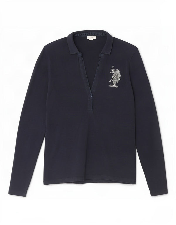 US Polo Assn. Camisa feminina manga comprida UK 14 algodão azul marinho médio