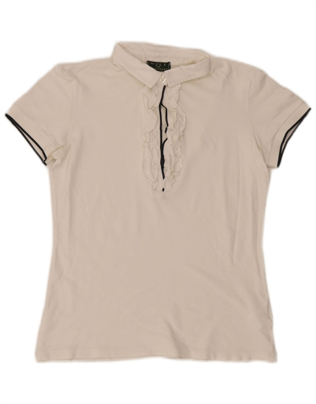Camisa pólo feminina Fred Perry com babados na frente Reino Unido 10 algodão branco pequeno