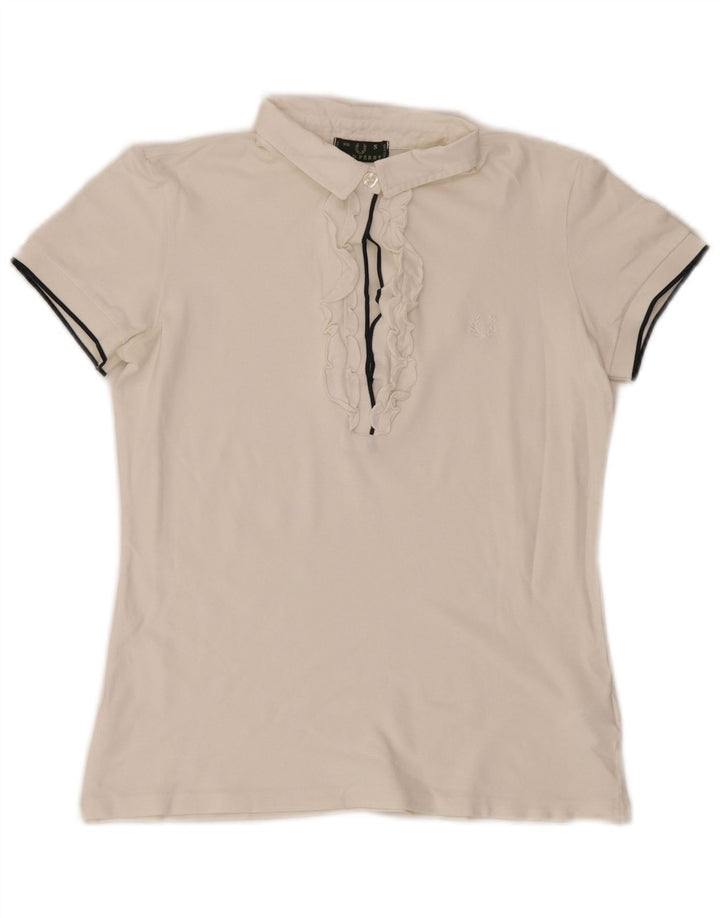 Camisa pólo feminina Fred Perry com babados na frente Reino Unido 10 algodão branco pequeno