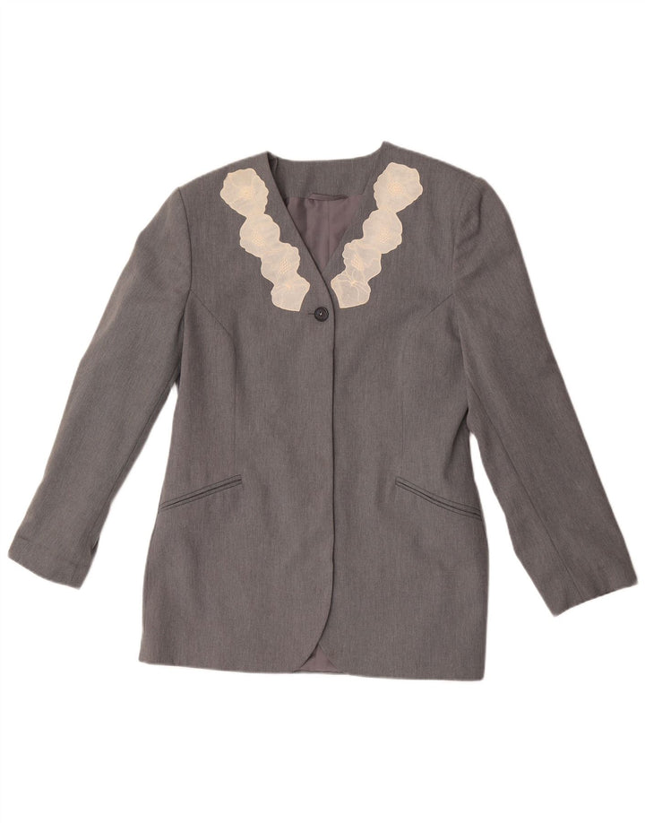 Jaqueta blazer feminina vintage de 1 botão Reino Unido 12 poliéster floral cinza médio