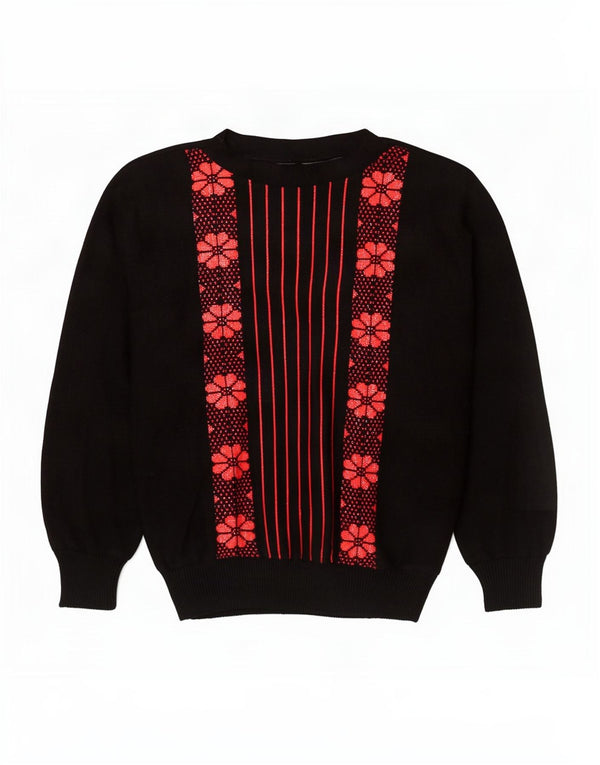 Suéter feminino vintage com gola canoa Reino Unido 16 grande preto floral