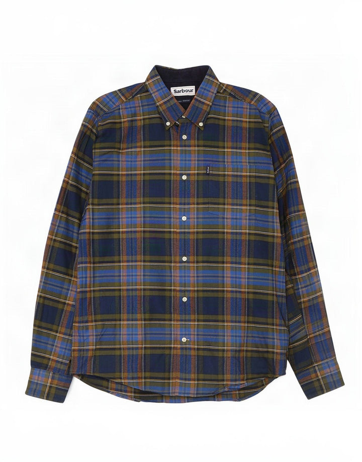 Camisa masculina Barbour de flanela sob medida, algodão xadrez médio azul marinho