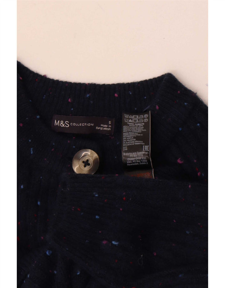 Suéter cardigã feminino Marks & Spencer UK 10 pequeno azul marinho manchado