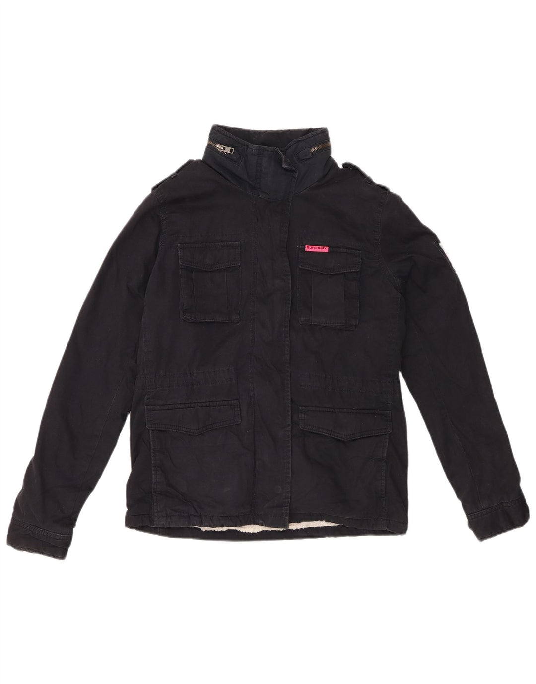 Jaqueta militar Sherpa feminina Superdry UK 10 pequena azul marinho