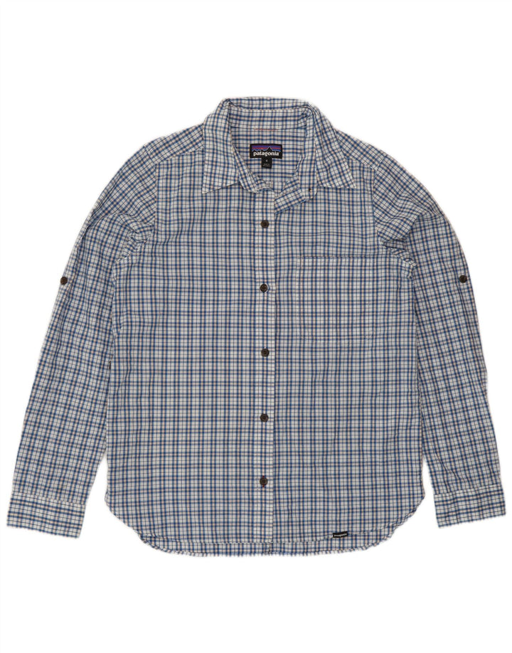 Camisa feminina Patagonia UK 14 algodão xadrez azul médio