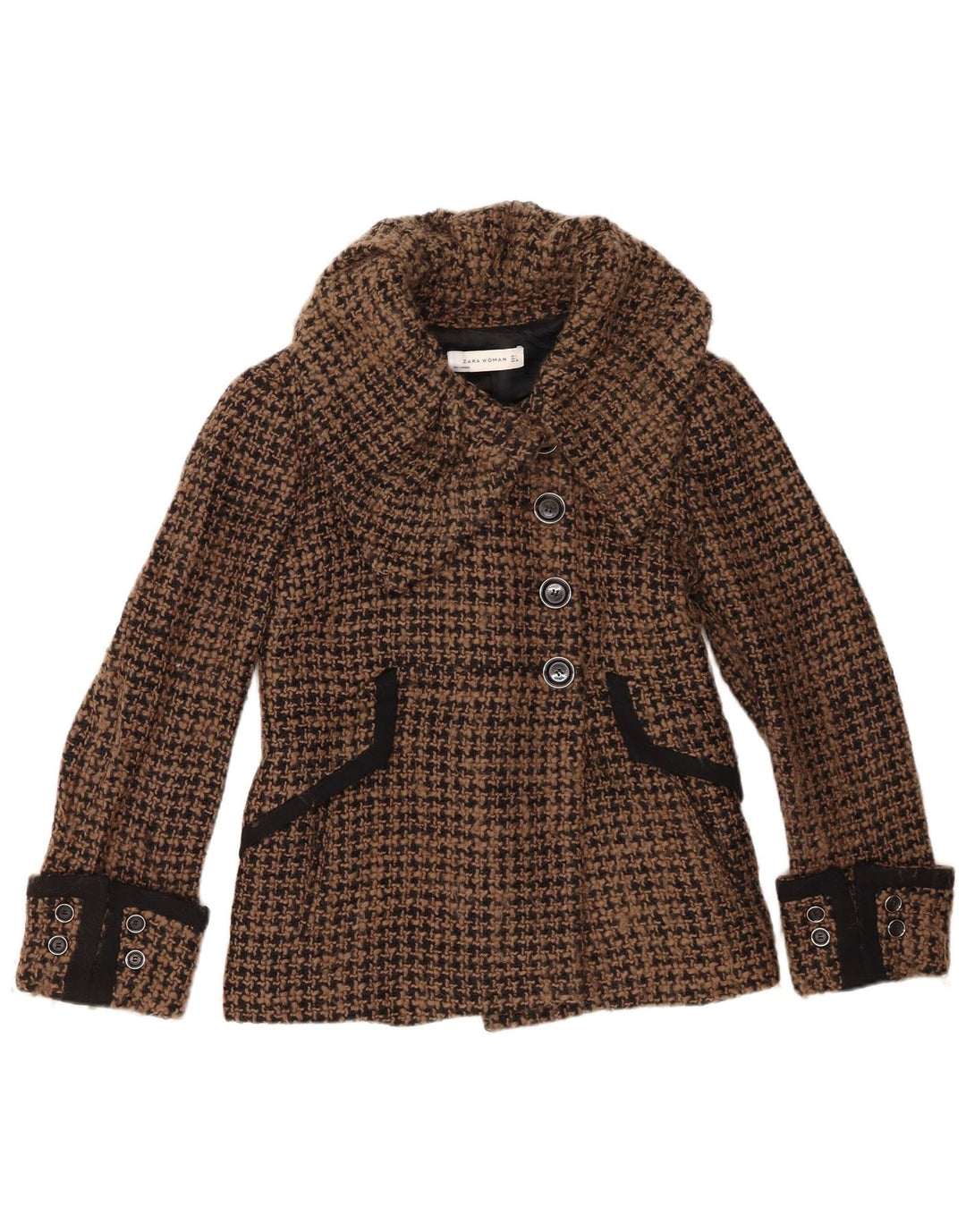 Jaqueta blazer feminina Zara com 4 botões Reino Unido 16 grande marrom houndstooth lã