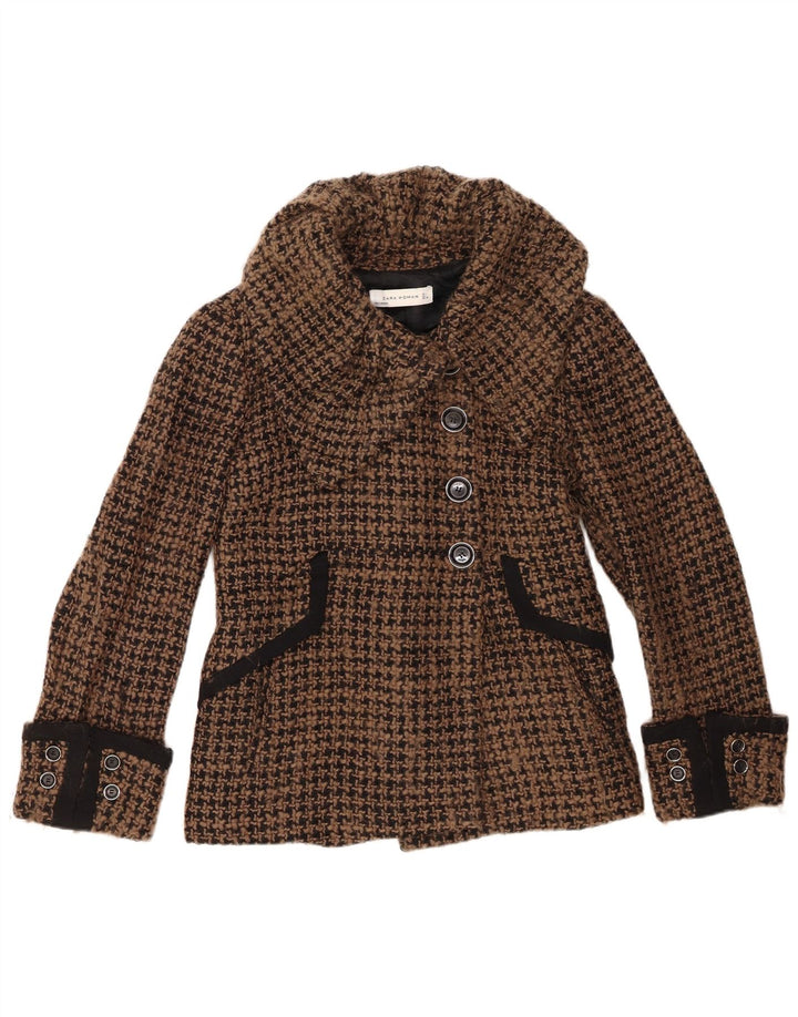 Jaqueta blazer feminina Zara com 4 botões Reino Unido 16 grande marrom houndstooth lã