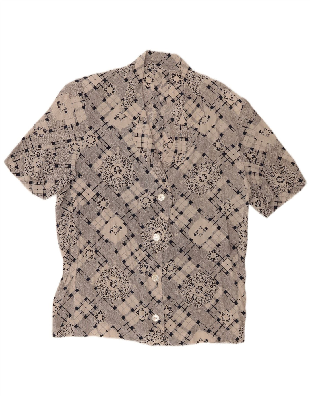Camisa feminina vintage de manga curta UK 16 grande cinza geométrica