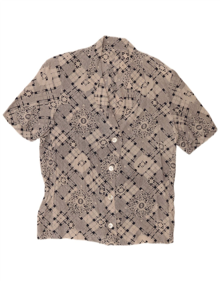 Camisa feminina vintage de manga curta UK 16 grande cinza geométrica