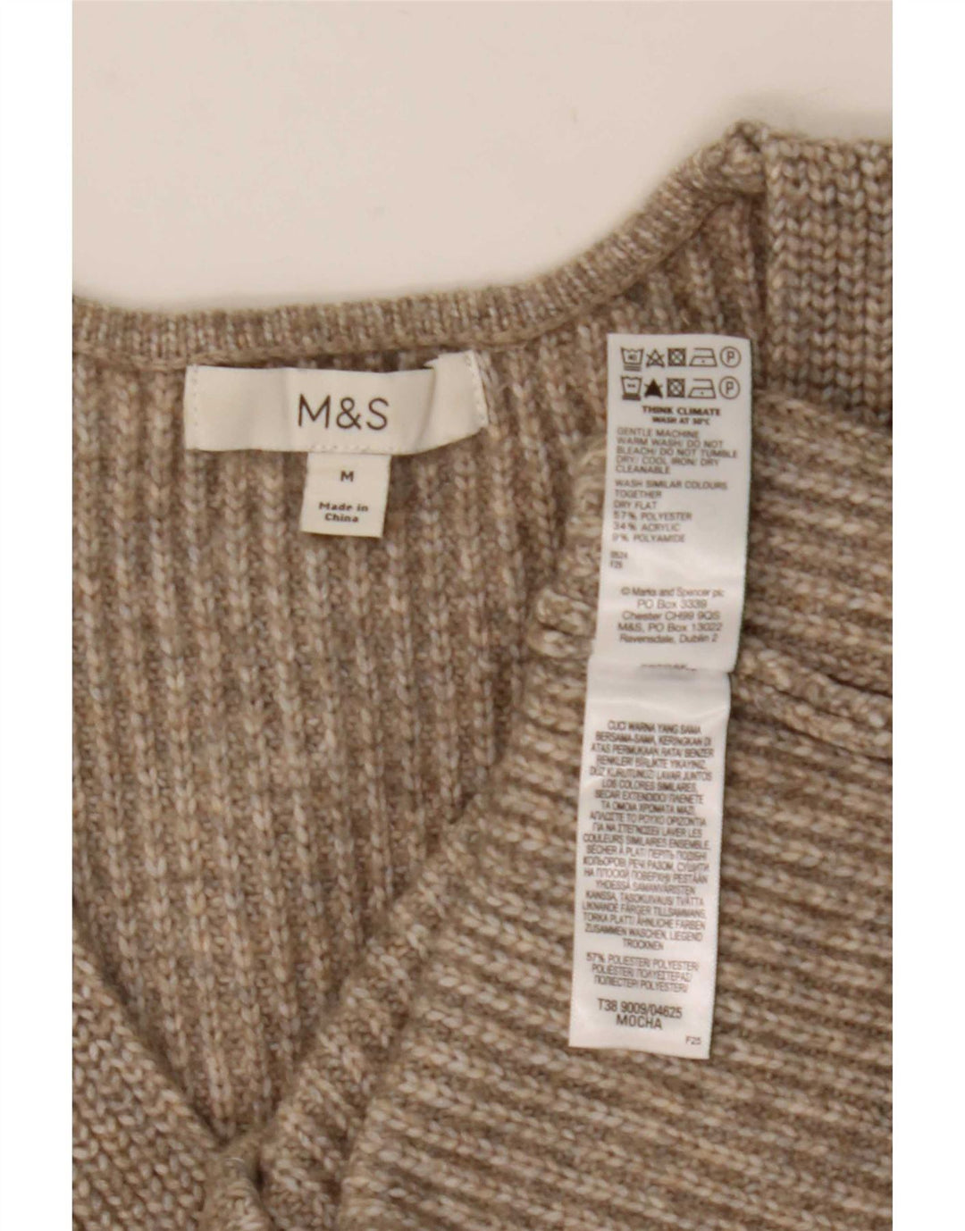 Suéter feminino Marks & Spencer com decote em V Reino Unido 14 poliéster marrom médio