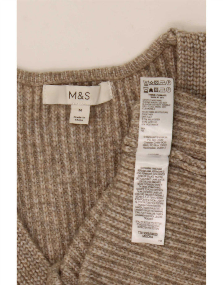 Suéter feminino Marks & Spencer com decote em V Reino Unido 14 poliéster marrom médio