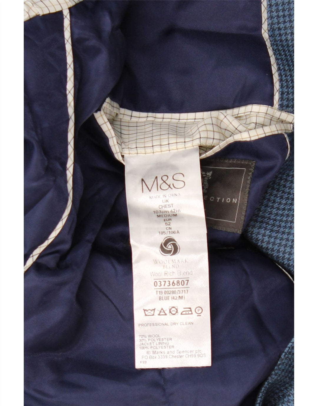 Jaqueta blazer masculina MARKS & SPENCER com 2 botões EU 52 XL azul marinho Houndstooth