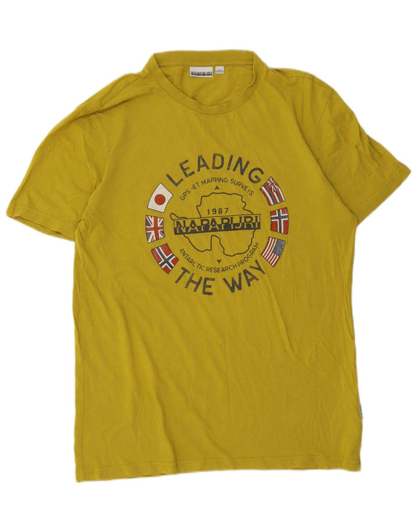 Camiseta masculina Napapijri com estampa gráfica grande de algodão amarelo