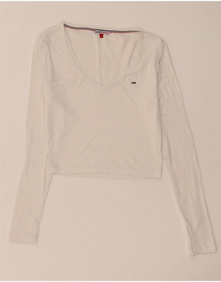 Top cropped feminino TOMMY HILFIGER manga comprida UK 8 pequeno branco