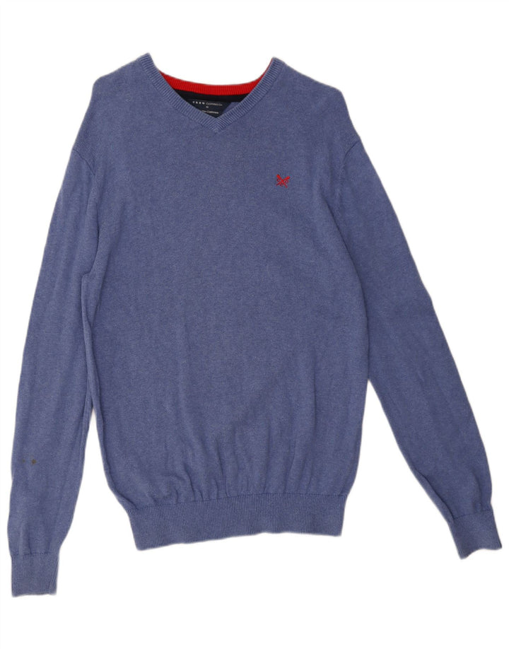 Crew Clothing Suéter masculino com decote em V de algodão azul médio