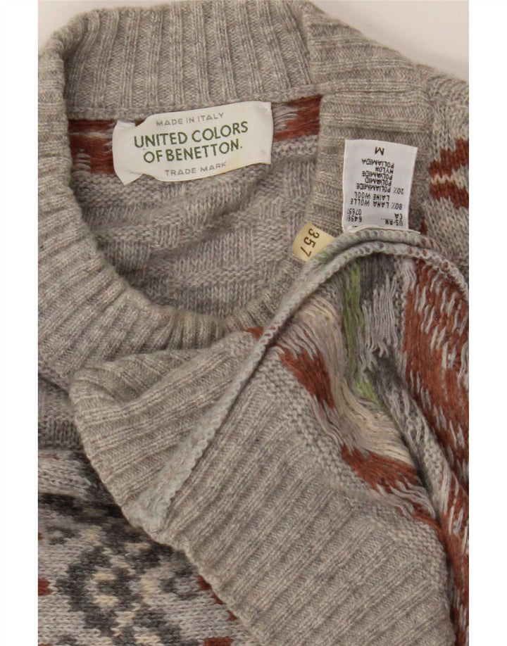 Suéter masculino Benetton com gola redonda, cinza médio, lã Fair Isle