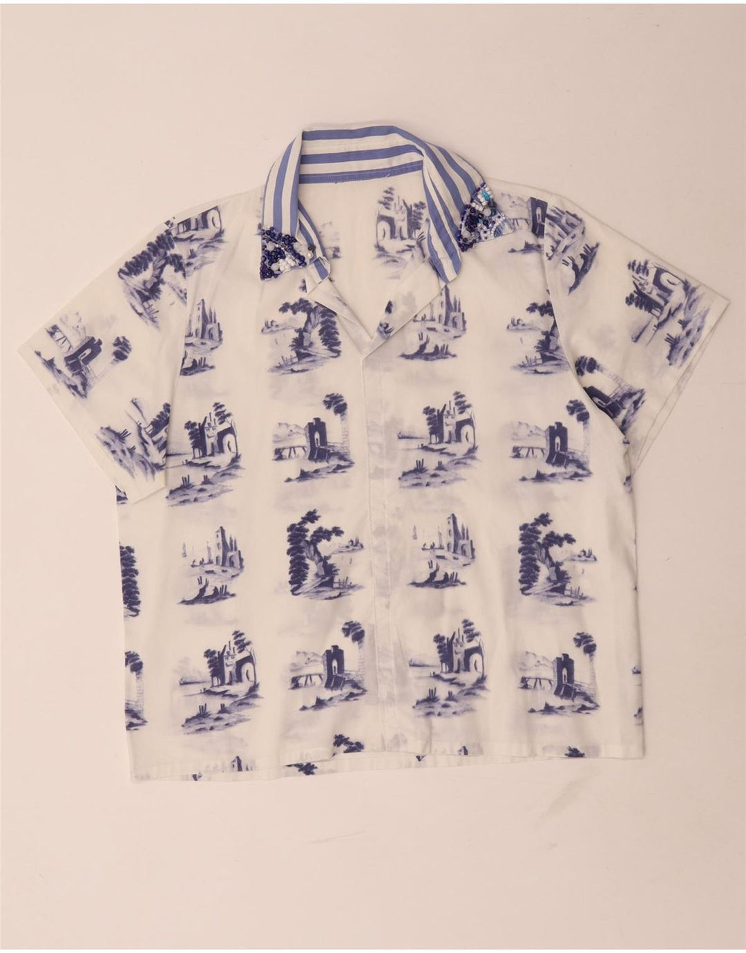 Blusa feminina vintage com padrão abstrato UK 16 grande branca