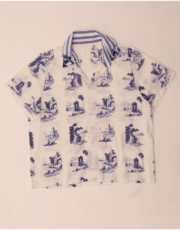 Blusa feminina vintage com padrão abstrato UK 16 grande branca