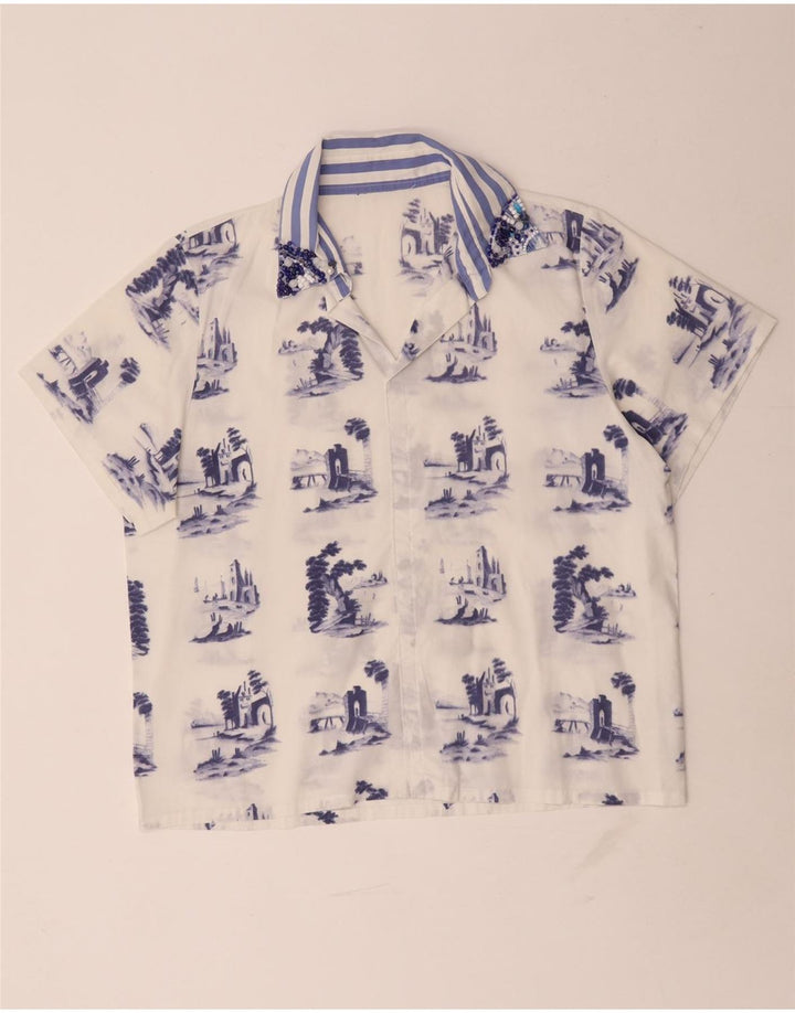 Blusa feminina vintage com padrão abstrato UK 16 grande branca