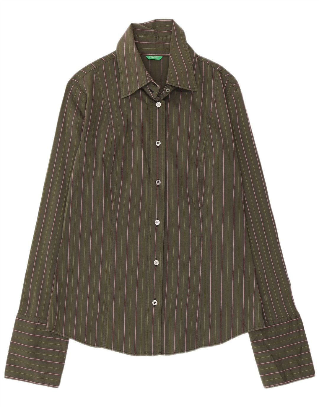 Camisa feminina Benetton UK 14 grande algodão listrado verde