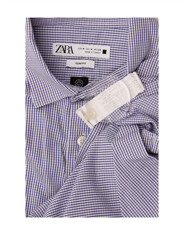 Camisa masculina ZARA Slim Fit de algodão xadrez azul médio
