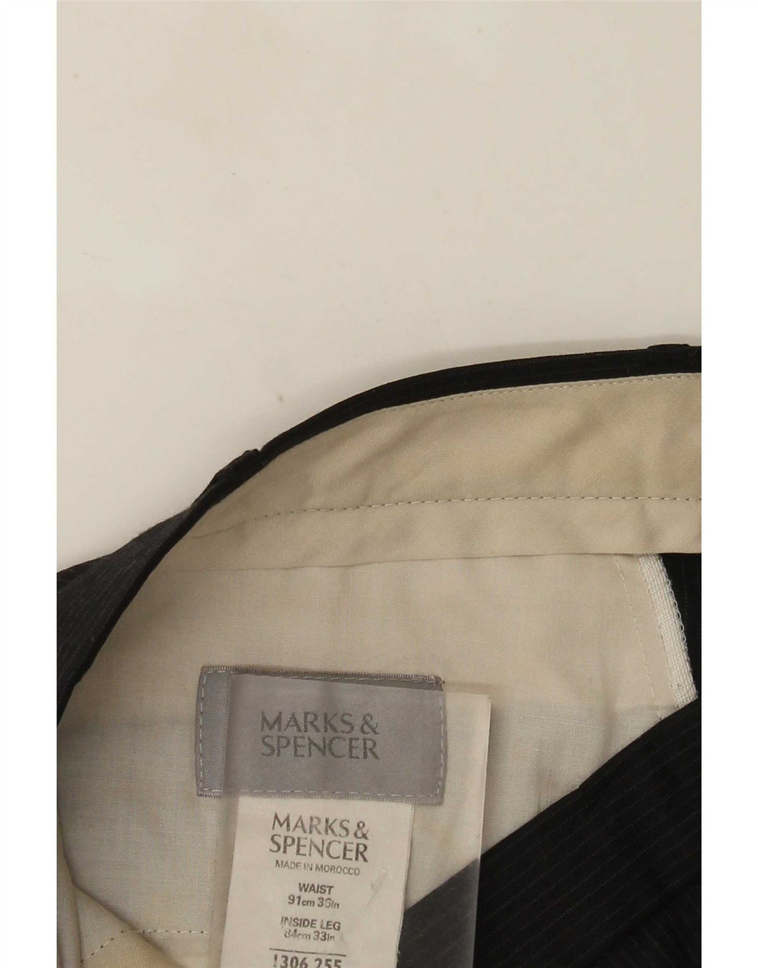Calça masculina de terno Marks & Spencer W36 L33 preta listrada de poliéster