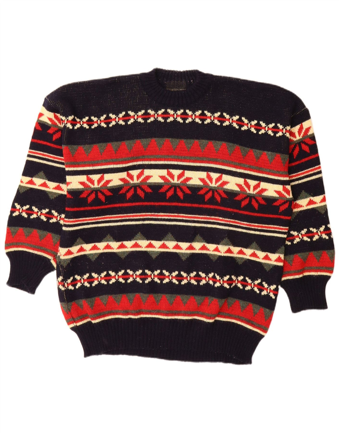 Suéter vintage masculino com gola redonda grande multicolorido Fair Isle