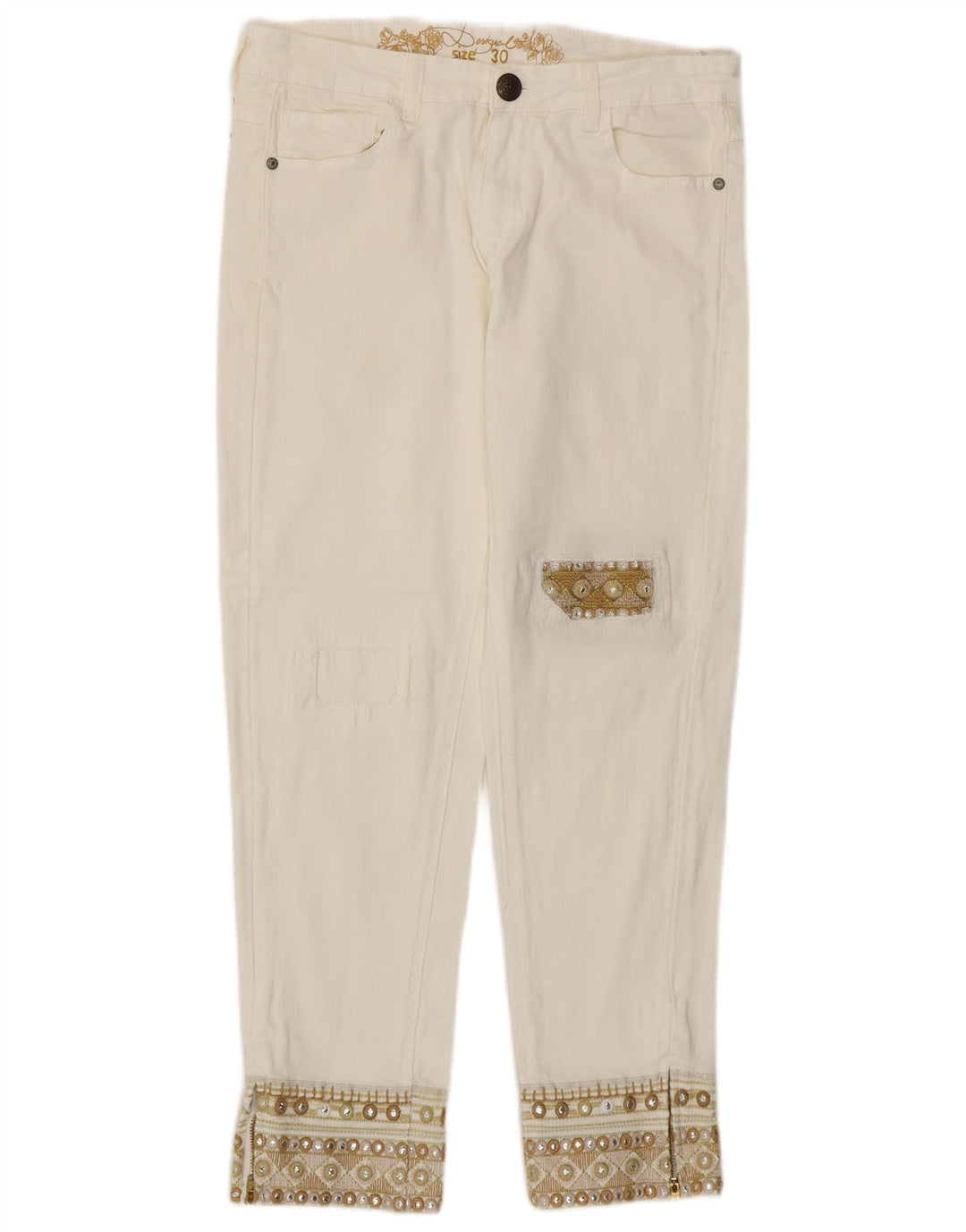 Jeans cônicos femininos Desigual W30 L27 algodão branco
