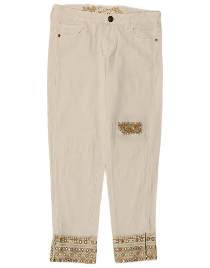 Jeans cônicos femininos Desigual W30 L27 algodão branco
