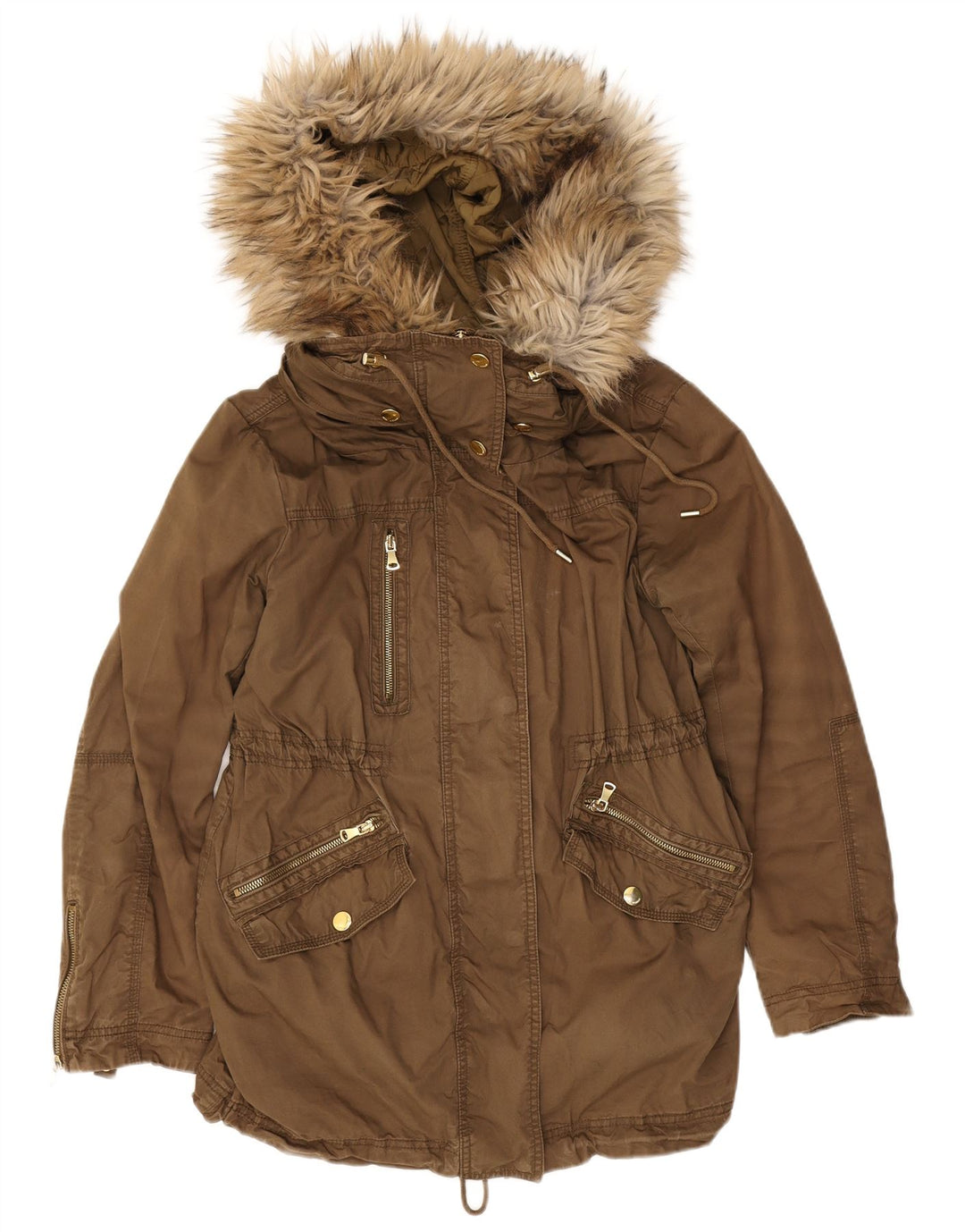 Jaqueta parka feminina com capuz Zara UK 14 poliéster cáqui médio