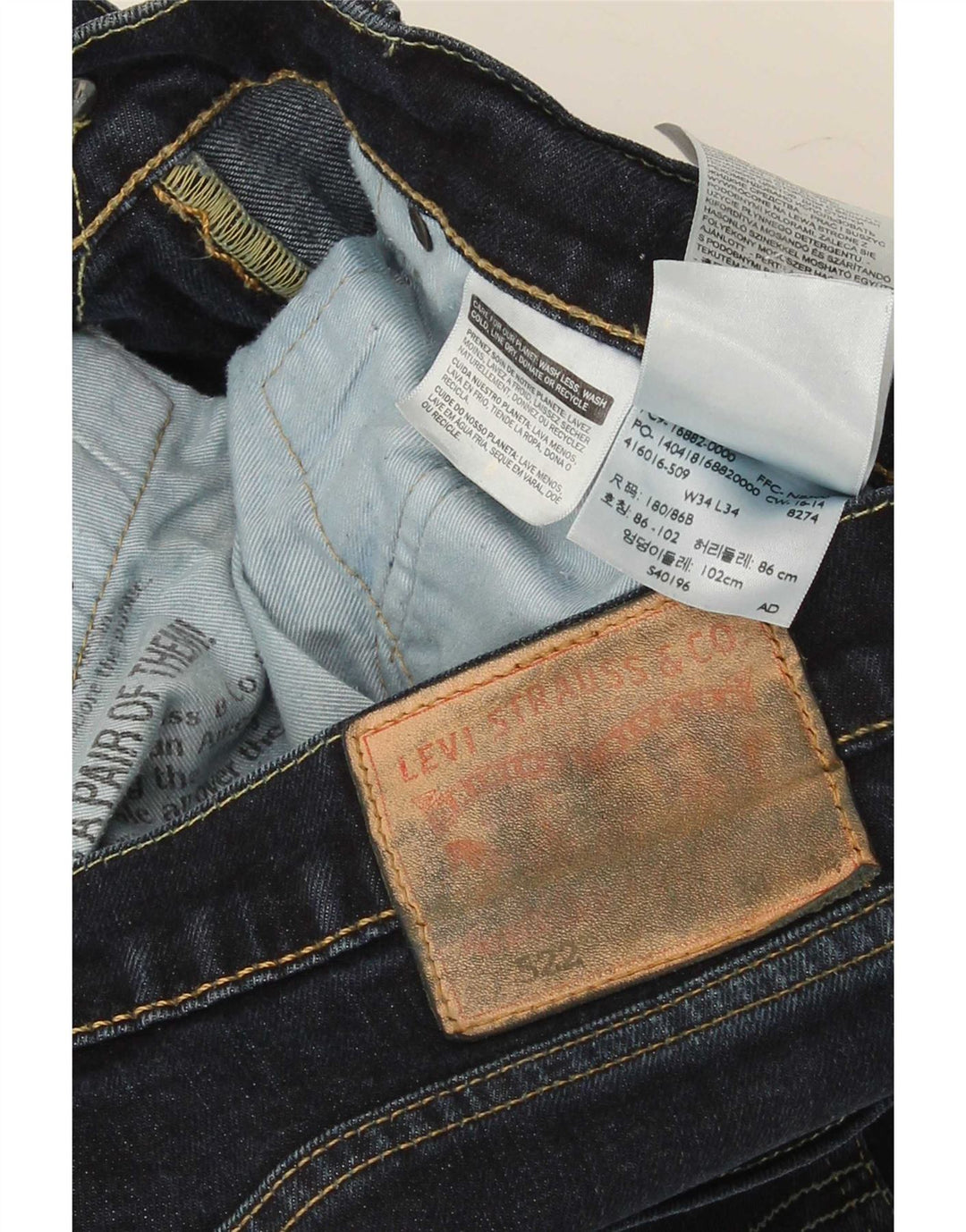 Levi's Masculino 522 Slim Jeans W34 L34 Azul Marinho Algodão