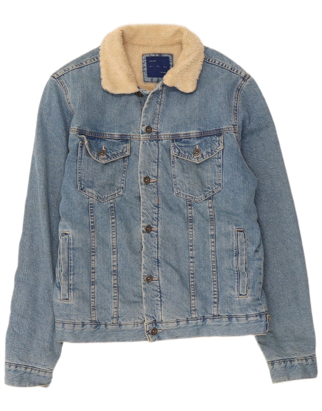 Jaqueta jeans Zara masculina Sherpa UK 40 grande algodão azul