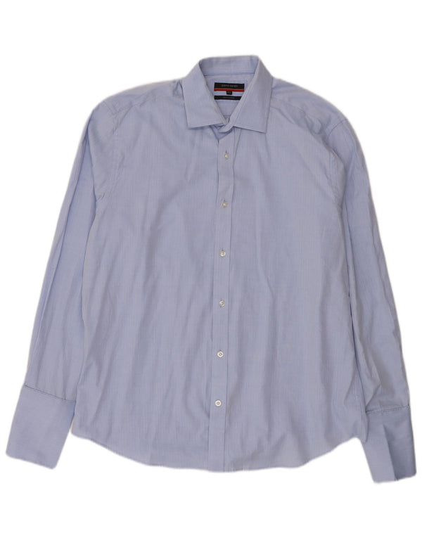 Camisa formal masculina Pierre Cardin tamanho 16 1/2 grande algodão espinha de peixe azul