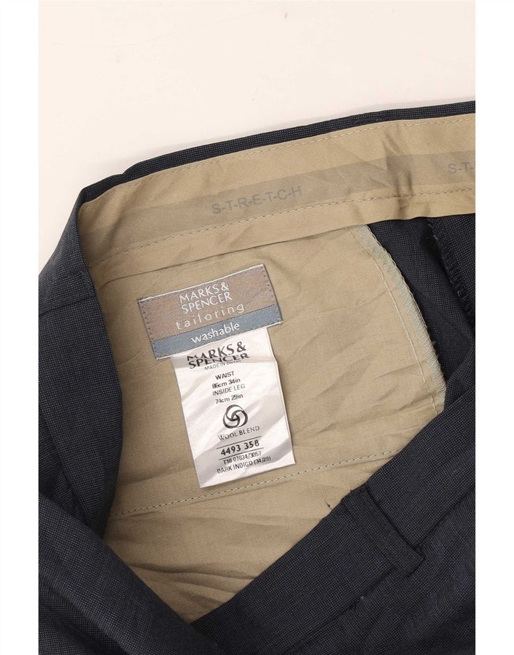 Calça masculina de terno reto Marks & Spencer W34 L29 poliéster azul marinho