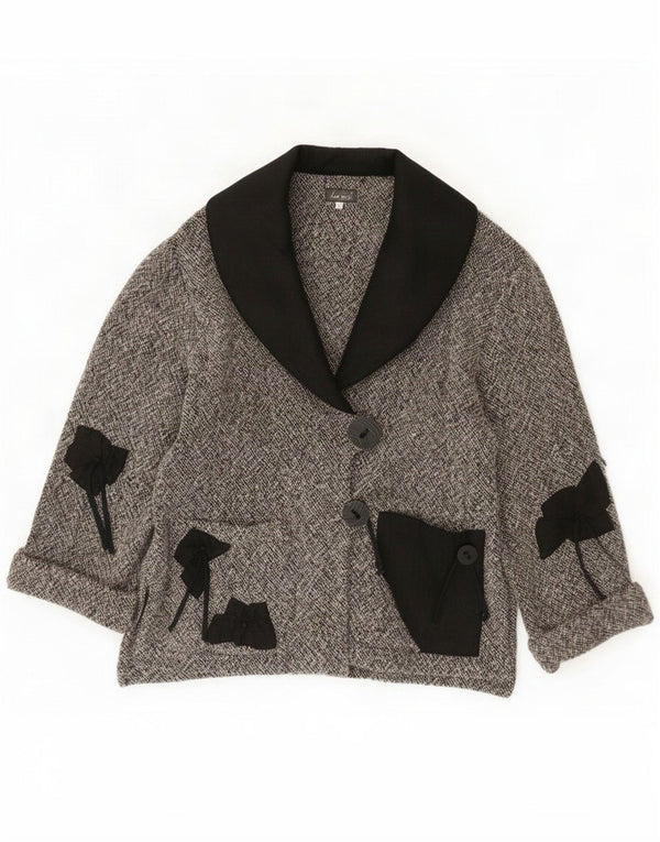 Jaqueta blazer feminina vintage de 2 botões UK 14 lã colorblock cinza médio