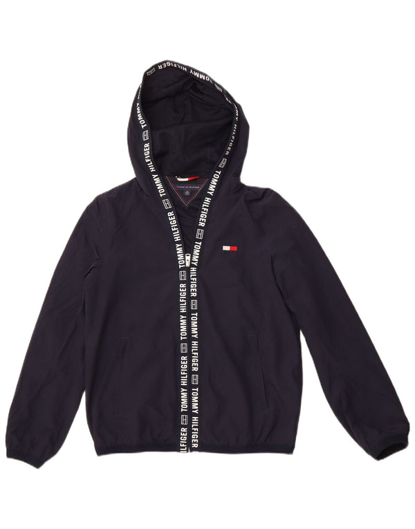 TOMMY HILFIGER Womens Graphic Hooded Rain Jacket UK 6 XS Navy Blue