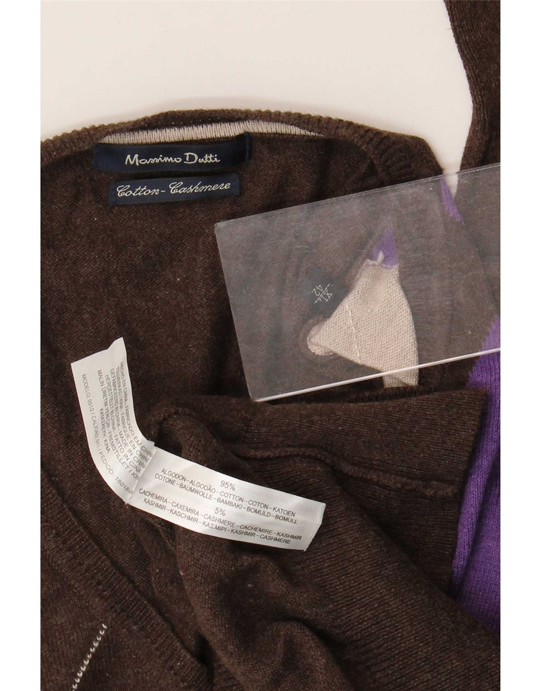 Suéter masculino Massimo Dutti com decote em V XL marrom Argyle/algodão diamante
