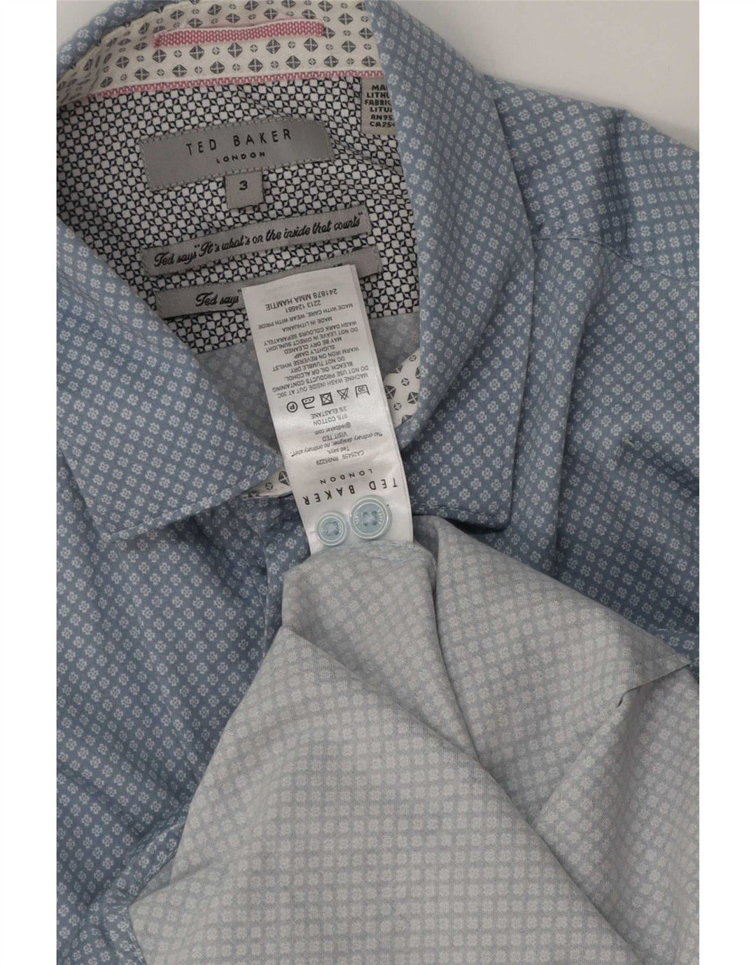 Camisa masculina Ted Baker Classic Fit tamanho 3 algodão geométrico azul médio