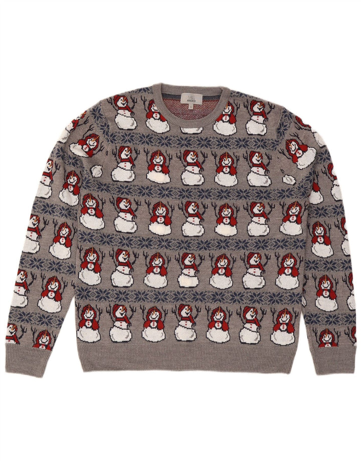 Suéter masculino Marks & Spencer com gola redonda grande cinza natal