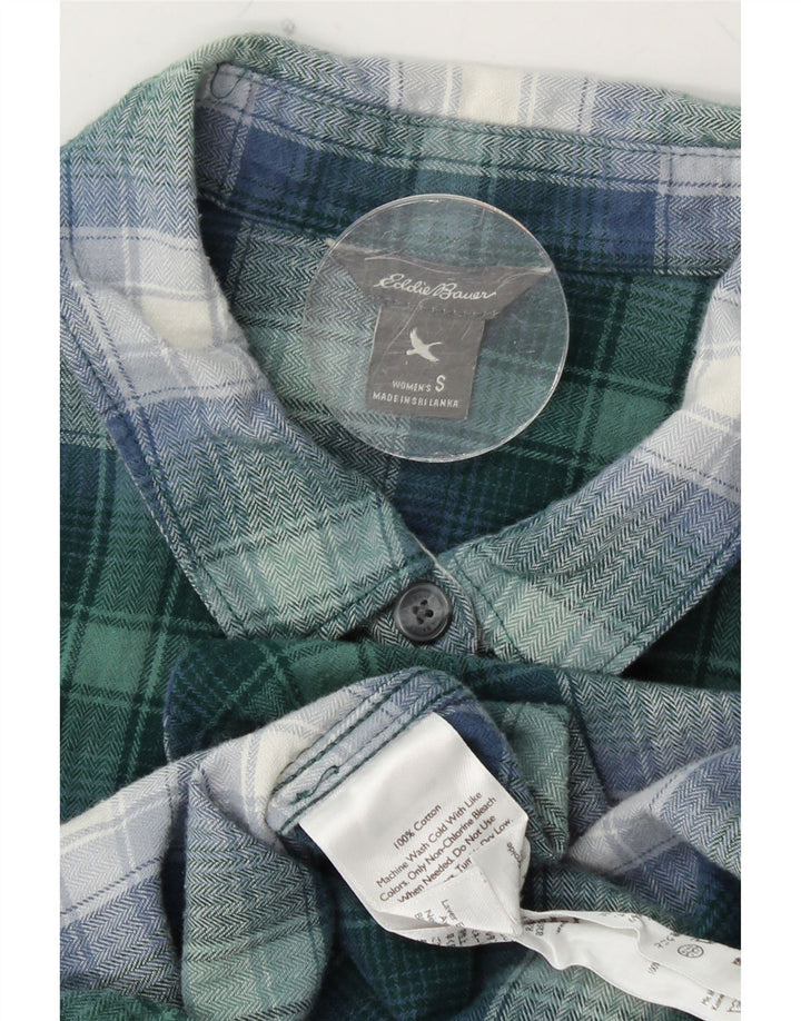 Camisa feminina de flanela EDDIE BAUER Reino Unido 10 algodão xadrez verde pequeno