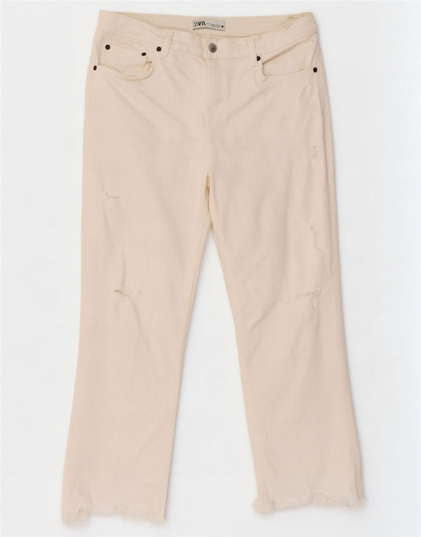 Zara Jeans feminino cortado desgastado UE 42 grande W32 L24 algodão branco