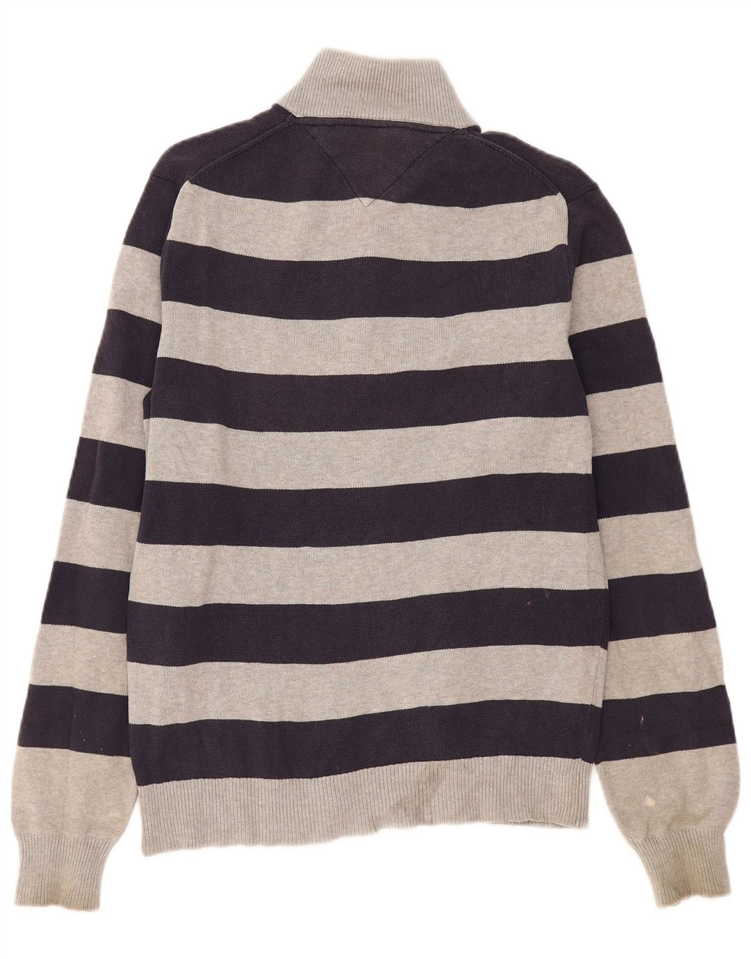 Suéter masculino Tommy Hilfiger com zíper e gola em algodão listrado cinza médio