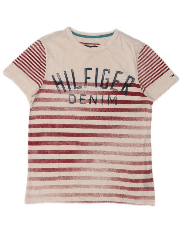 Tommy Hilfiger Camiseta masculina gráfica Top XS de algodão listrado branco